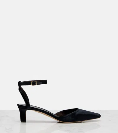 The Row Carla Square Toe Velvet Ankle Strap Sandal In Black