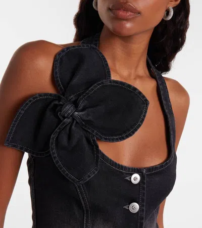 Area Denim Bow Halter Top In Black