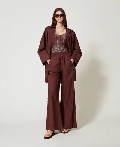 Twinset Pantalon En Popeline Avec Crochet In Burgundy