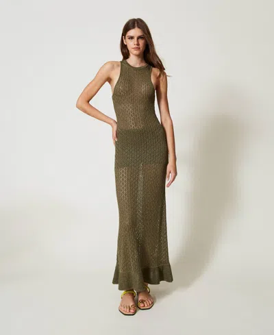 Twinset Robe Longue En Maille Point Filet Et Lurex In Green