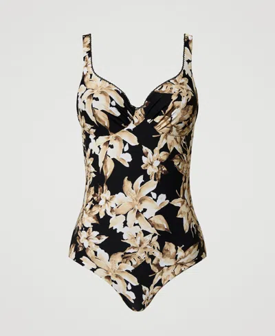 Twinset Floral-print Swimsuit In Black