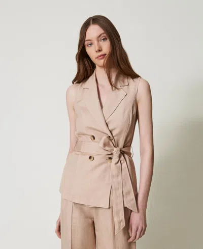 Twinset Linen-blend Woven Vest In Neutral