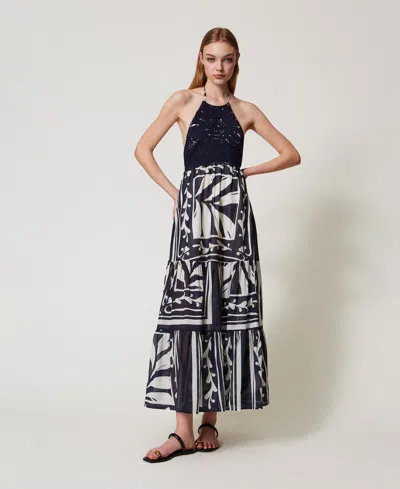 Twinset Robe Longue En Mousseline Et Crochet In Black