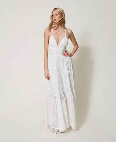 Twinset Robe Longue En Broderie Anglaise Et Crochet In White