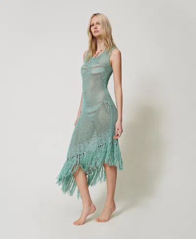 Twinset Robe Longue En Maille Point Filet In Green