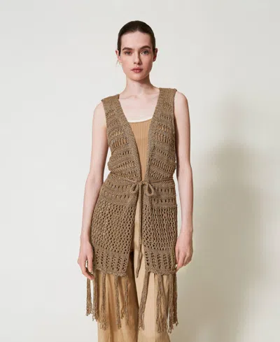 Twinset Gilet En Maille Ajourée Avec Lurex In Brown
