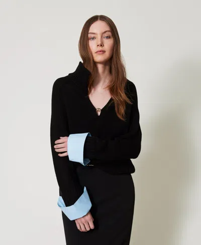 Twinset Pull En Coton Et Popeline In Black