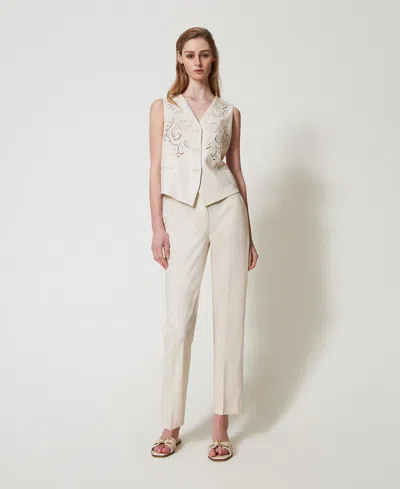 Twinset Pantalon Taille Basse En Lin Mélangé In Neutral