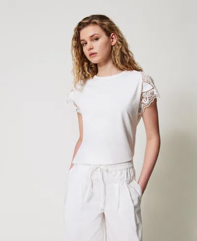 Twinset T-shirt Regular Avec Dentelle In White