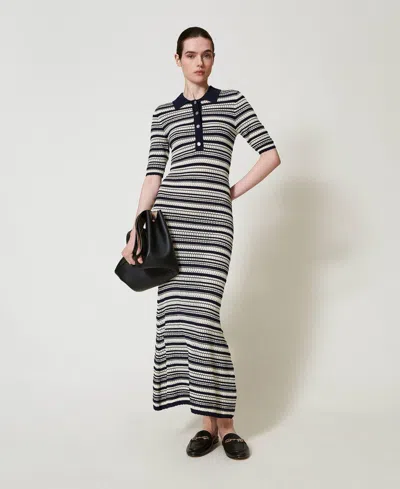 Twinset Robe Longue En Maille Bicolore In Blue