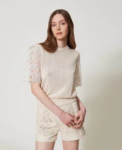 Twinset Pull En Lin Mélangé Avec Manches Jacquard In Neutral
