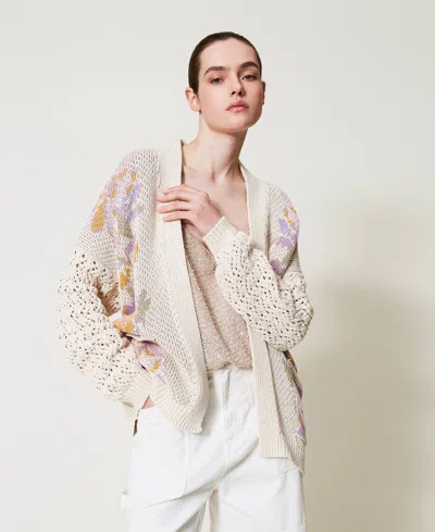 Twinset Cardigan En Maille Jacquard Florale In Neutral