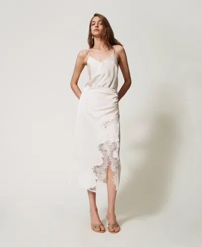 Twinset Jupe Mi-longue En Satin Et Dentelle In White