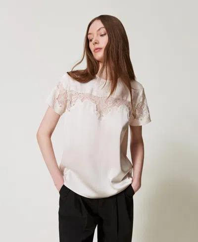Twinset T-shirt En Satin Avec Dentelle In Neutral