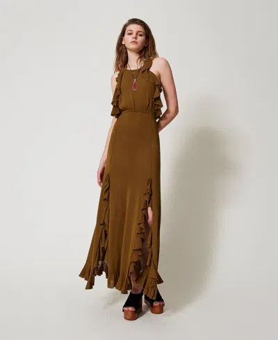 Twinset Robe Longue En Maille Avec Volants In Brown