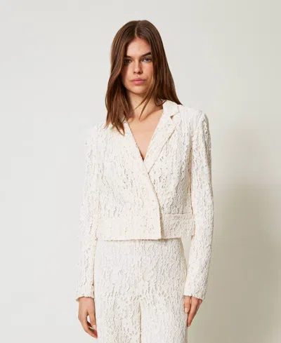 Twinset Blazer Boxy En Dentelle Florale In White