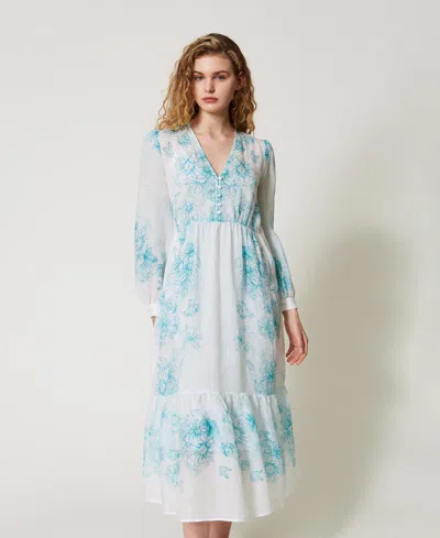 Twinset Robe Longue Florale En Ramie In White