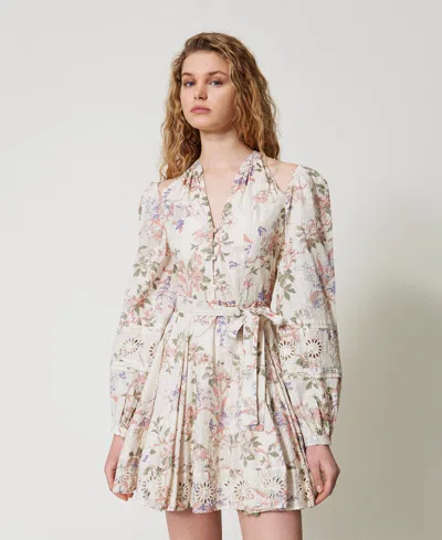 Twinset Robe Courte En Mousseline Avec Broderies In Neutral