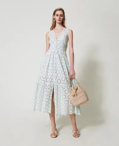 Twinset Robe Longue Avec Broderie Anglaise In White