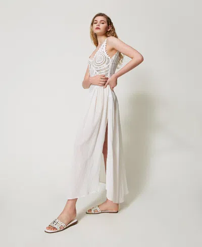 Twinset Robe Longue Avec Maille Crochet In White