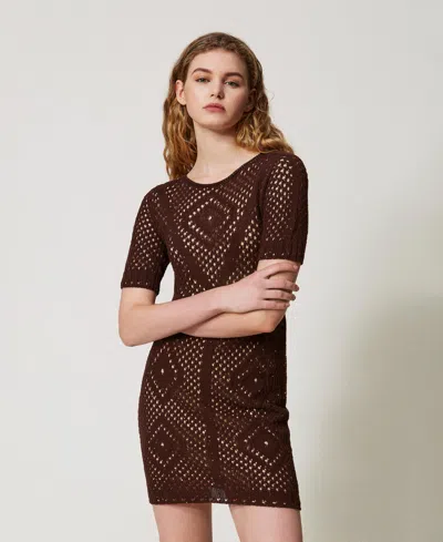 Twinset Robe Courte En Filet Avec Sequins In Burgundy
