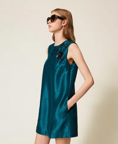 Actitude By Twinset Robe Courte En Shantung Avec Broderie Réalisée À La Main In Green