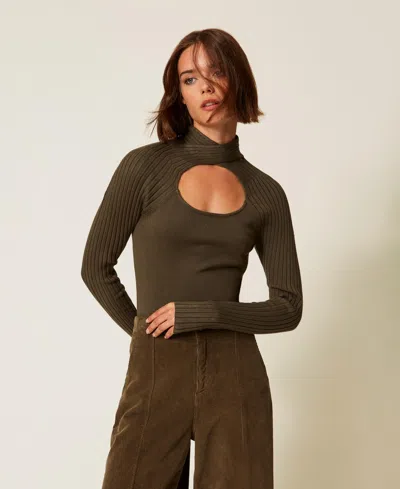 Twinset Ribbed Cut-out Jumper In Brown