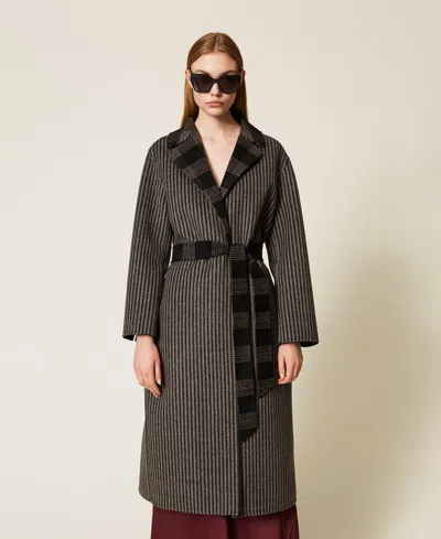 Twinset Striped-pattern Reversible-design Coat In Black