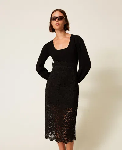 Twinset Robe Midi En Maille Et Dentelle In Black