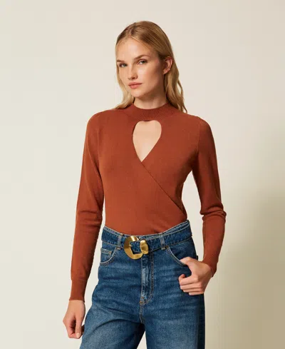 Twinset Heart-neckline Crossover Jumper In Brown