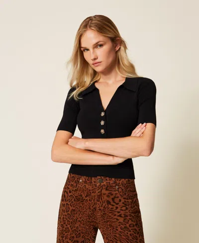 Twinset Fitted Black Short-sleeve Top With Classic Collar In Black