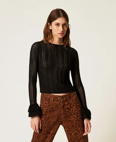 Twinset Open-knit Flounce-sleeve Sweater In Black
