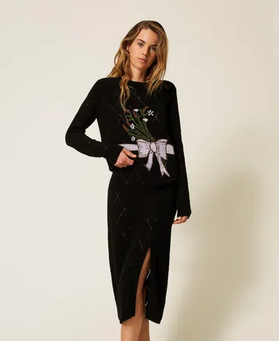 Twinset Diamond-pattern Side-split Skirt In Black