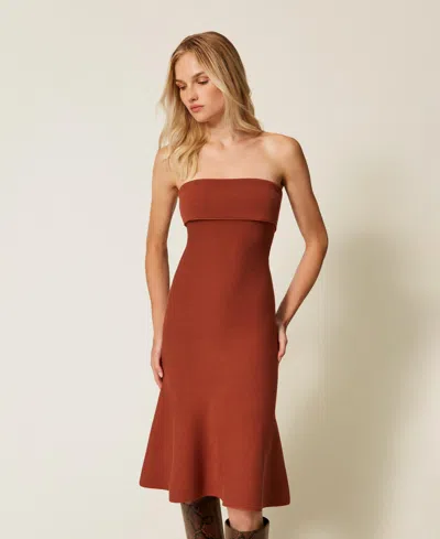 Twinset Robe Midi En Maille Avec Godet In Brown