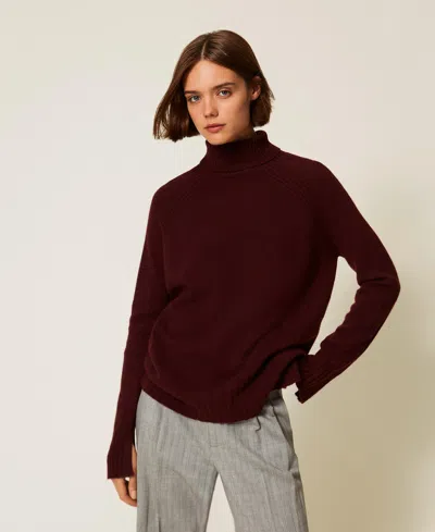 Twinset Turtleneck Ribbed Jumper In Burgundy