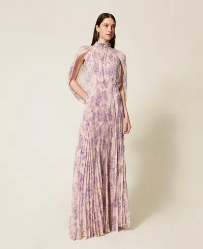 Twinset Robe Longue En Crépon Plissé Floral In Multi