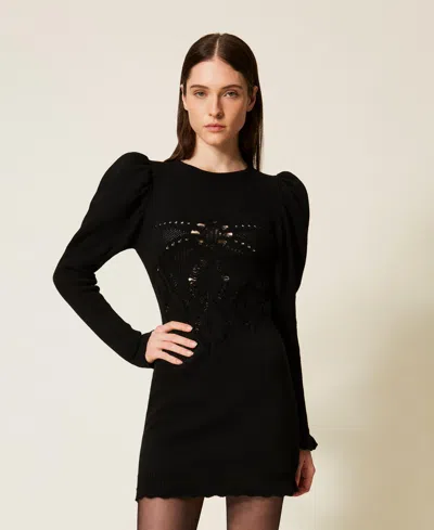 Twinset Robe Courte En Maille Avec Crochet In Black