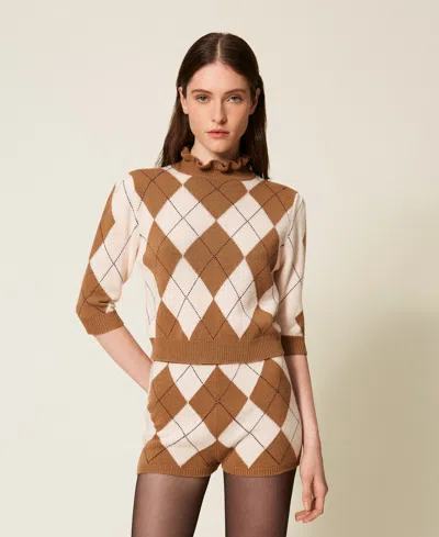 Twinset Short En Laine Mélangée Jacquard Avec Losanges In Brown