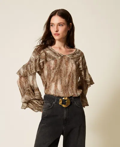 Twinset Animal Print Blouse With Ruffled Sleeves In Brown