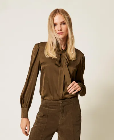 Twinset Chemise En Satin Jacquard In Brown