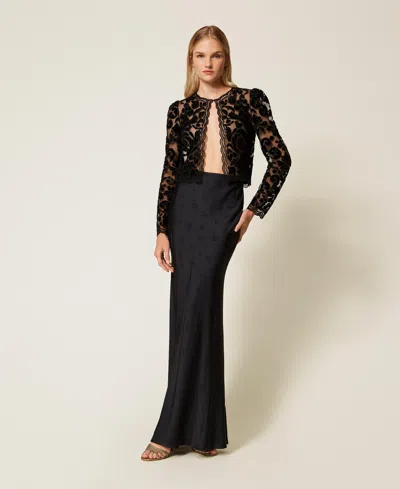 Twinset Jupe Longue En Satin Jacquard In Black