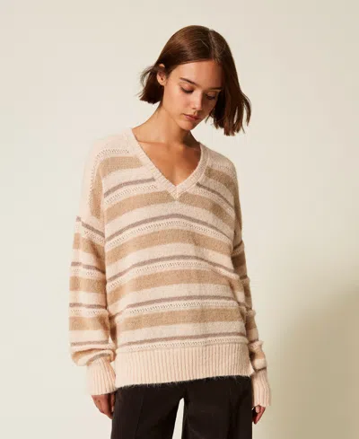 Twinset Striped V-neck Sweater In Pink