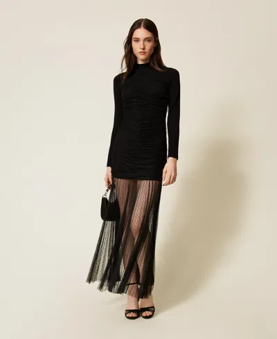 Twinset Robe Longue En Maille Et Tulle In Black