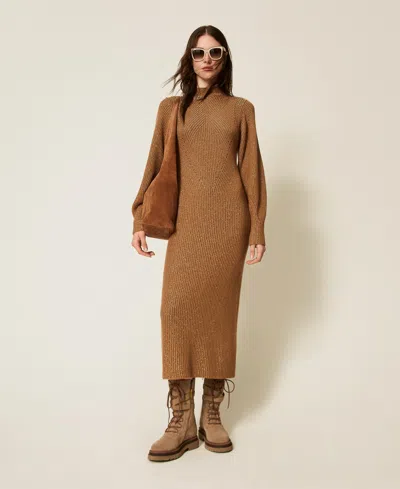 Twinset Lurex-knit Ribbed Dress In Brown