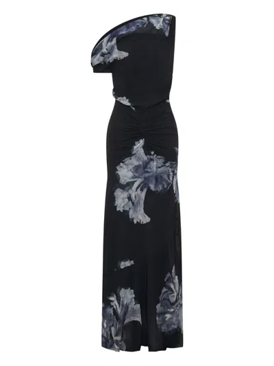 Nicholas Elza Asymmetric Off-shoulder Paneled Maxi Dress In Blue