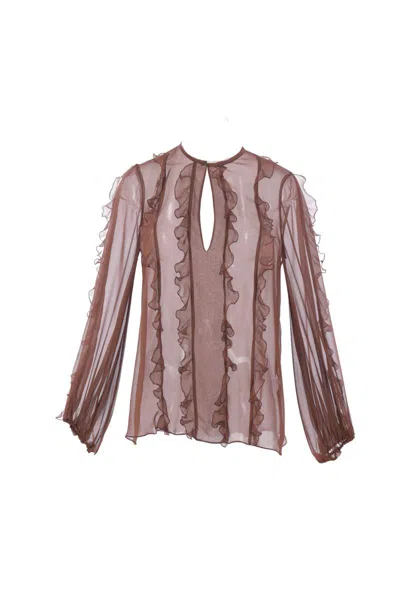 Phaeonia Vienna Ruffle-trimmed Silk Top In Brown