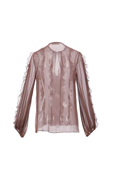 Phaeonia Vienna Ruffle-trimmed Silk Top In Brown