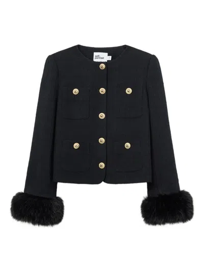 Self-portrait Boucle Cropped Jacket Eco Fur Sleeve In Black