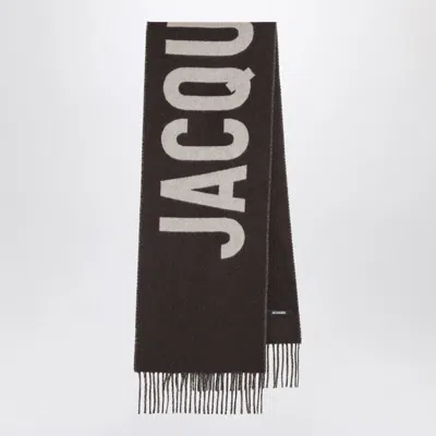 Jacquemus Rectangular Scarf With Fringed Edges And Bold Lettering In Brown