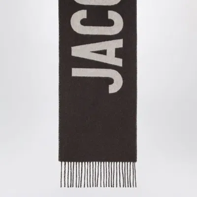 Jacquemus Rectangular Scarf With Fringed Edges And Bold Lettering In Brown